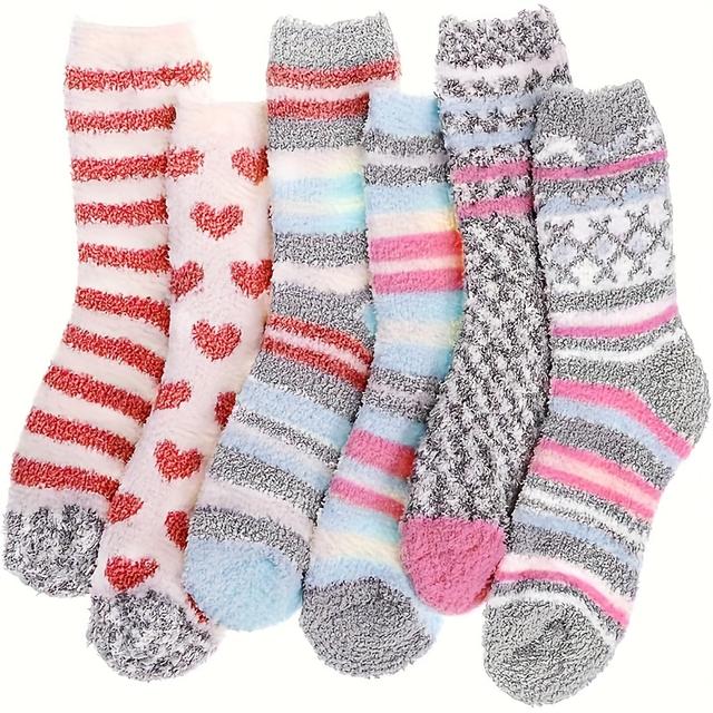 TEMU 6 Pair Women's Cozy Fluffy Socks - Soft Plush Winter Warm Striped & Heart/-pattern Socks For Home, Christmas, Lounge & Indoor Activities, Cute Socks, Holiday Gift Idea, Patterns