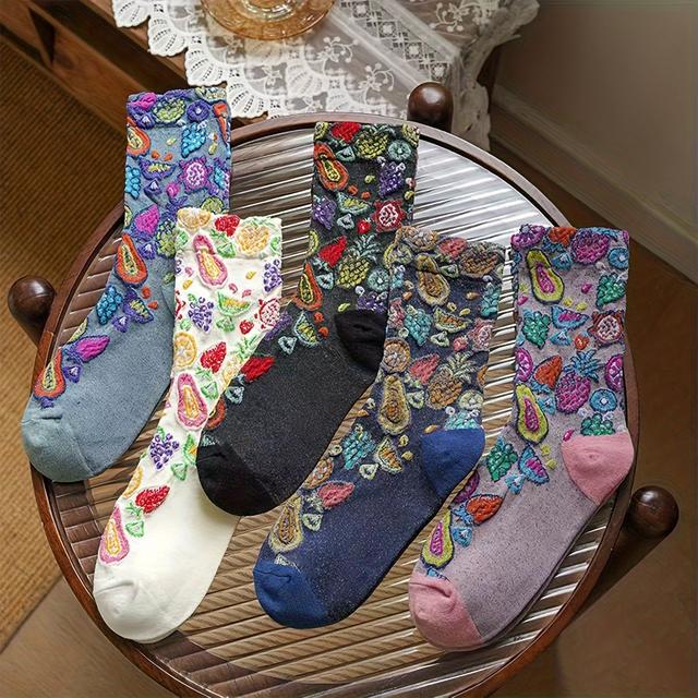 TEMU Mixed Color Five-pair Mid-calf Socks - Xx - Trendy Vintage Embossed