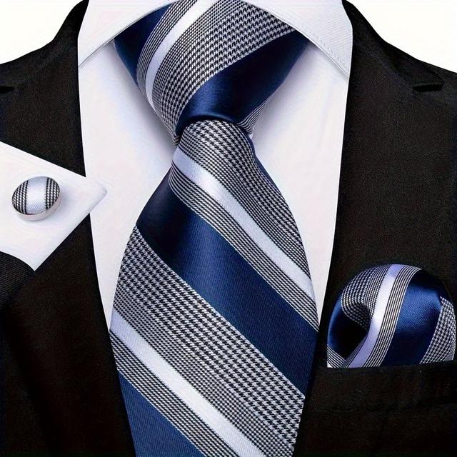 TEMU 1 Set Classic Striped Tie, With Pocket Square And Cufflinks, Men's Wedding Business Suit Accessories, Ideal Gift Choice