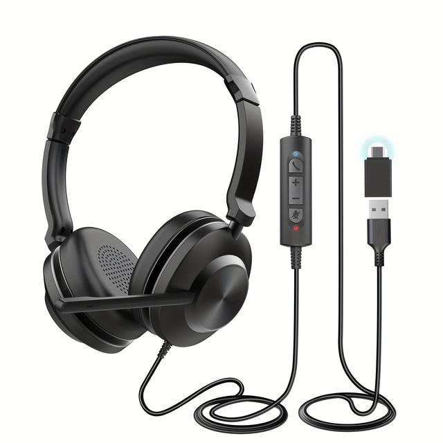 TEMU Earbay Enc Usb Headset With Noise Cancelling Microphone, On-ear Wired Headphones With Control & Mute Button, Usb-c Adapter For Pc, Laptop, Call Center, Skype, , , Work, Office, Teams, Cell Phone