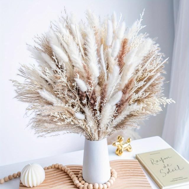 TEMU 100pcs Natural Dried Pampas Grass Boho Home Decor Bouquet Phragmites Dried Flowers Bouquet For Wedding Floral Arransynthetic Gemstoneents Home Decorations