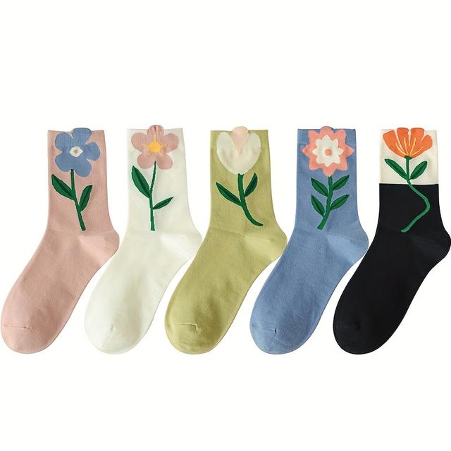 TEMU 5er-Pack Damen-Kniesocken mit Blumenmuster, Polyester 80% Acryl 20% Mischung, atmungsaktive lässige Halb-Strumpfsocken für Herbst und Winter Mode-