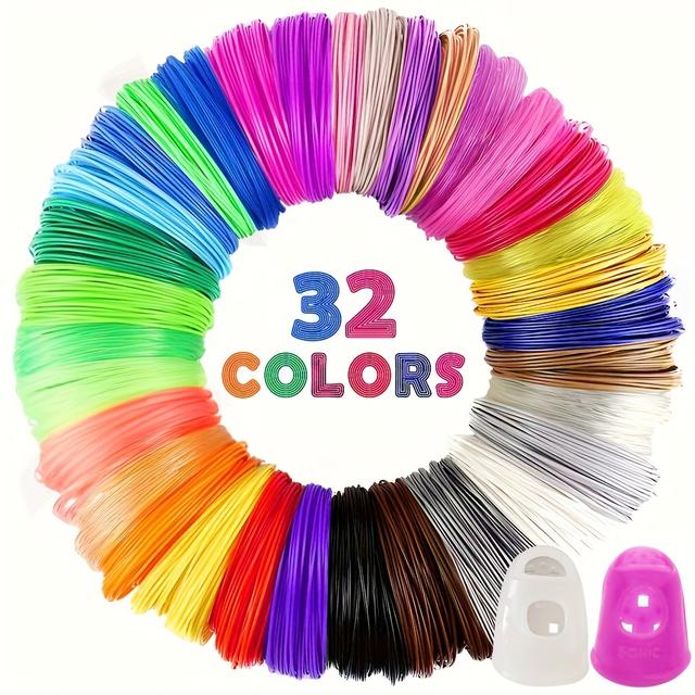 TEMU 32 Colors/22 Colors/12 Colors 3d Pen Pla Filament 1.75mm, Per Color, Total 320 Feet/220 Feet/120 Feet, With 2 Finger Sleeves, Random Colors