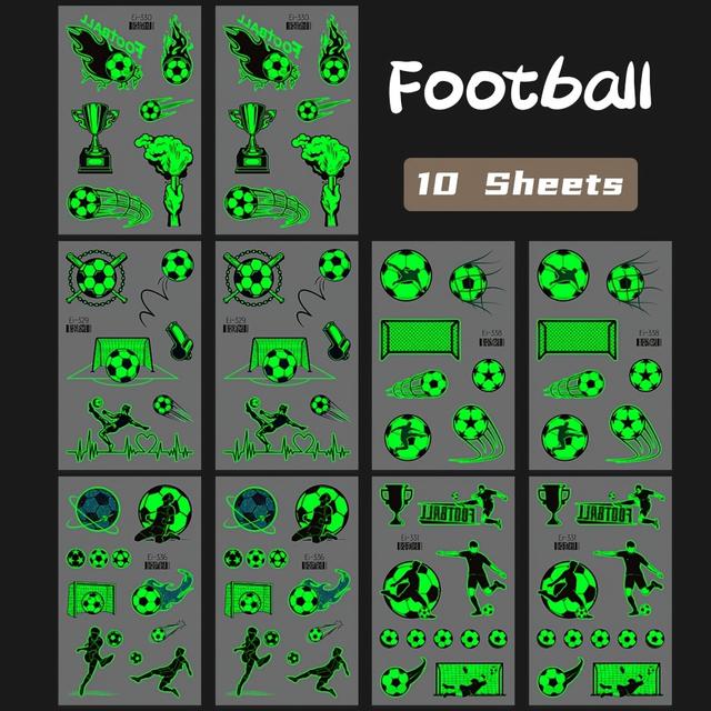 TEMU 10 Sheets -the-dark Soccer Temporary Tattoos - Football Field, Player & Team Designs - Sports Fans, Birthday Parties, Music Festivals & Game Day Gifts, Soccer Accessories
