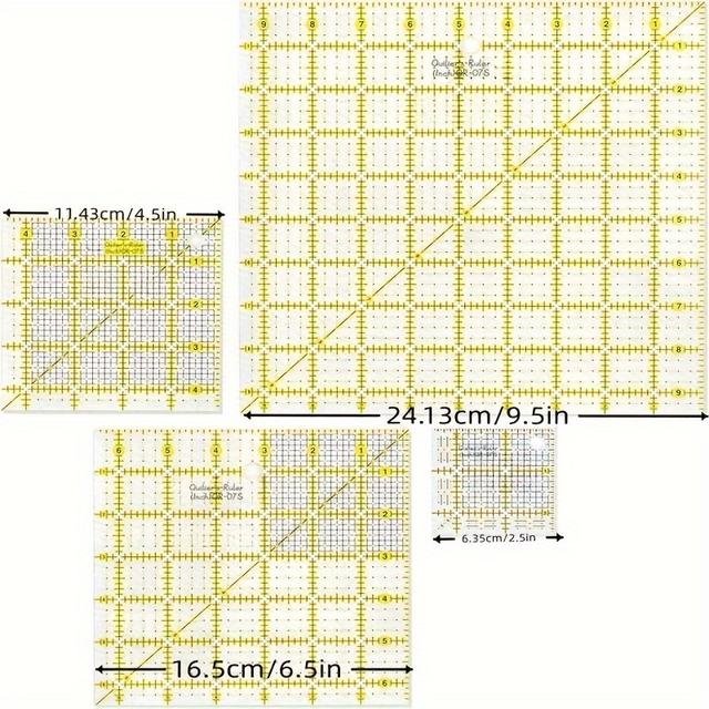 TEMU Set mit 4 Acryl-Quiltlinealen, 2,5, 4,5, 6,5 und 9,5 Zoll, ideal für Patchwork und Stoffschneiden. Diese klaren, quadratischen Lineale sind für Näh- und Bastelprojekte.