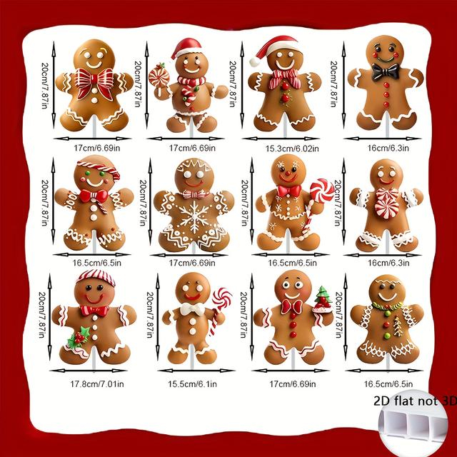 TEMU 12 Pièces Ornements de Noël en Pain d'Épice 2D Plats, Décorations d'Épice, Cime d'Arbre de Noël, Décorations pour Vase de Fête de Bureau ou Maison, 2D Plat