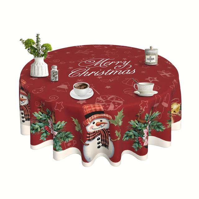 TEMU 1pc Festive Christmas Tablecloth - Red Polyester Round Table Cover With Snowmen, Bells & Holly Design, Machine-made Holiday Decor For Kitchen, Dining Room, Or Picnic, Christmas Table Decorations