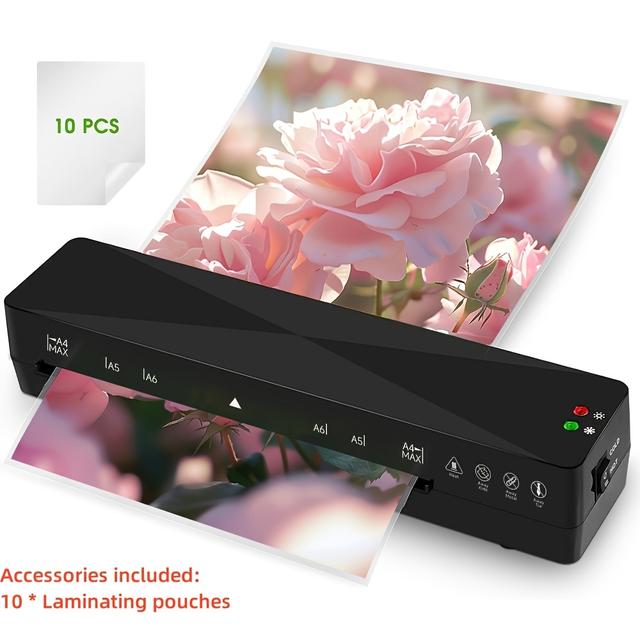 TEMU ماكينة تغليف حراري A4 للإعدادات الساخنة والباردة مع 10 أكياس تغليف (A4*10) بدون فقاعات، تسخين سريع، سهلة الحمل، تصميم صامت من مادة ABS، مثالية للاستخدام المدرسي والمنزلي (أسود)