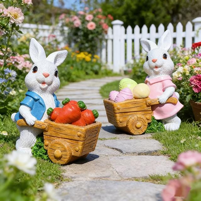 TEMU Set aus 2 Osterhasen-Gartenfiguren | Pastellfarbene Cottagecore-Harzstatuen für Terrasse & Zuhause | Geschenk zum Ostersonntag & Frühlingsdeko, handbemalter Hase, Esstisch, Fensterbank