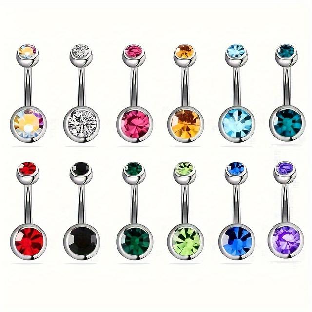 TEMU 12pcs Stainless Steel Belly Button Ring Set With Colorful Gemstones - Hip Hop/, Assorted Colors, Body Piercing Jewelry For Daily Wear & Parties, Belly Button Jewelry