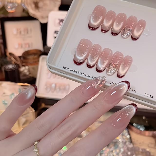 TEMU 10개입 레드 프렌치 팁 프레스온 네일, 누드 그라데이션 롱 오벌 인조네일, 반짝이 글리터 여성용 인조네일, 재사용 가능한 접착식 네일, 데일리 & 우아한 파티룩, 살롱 퀄리티 네일 세트