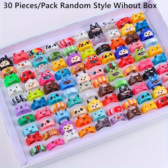 TEMU 30 قطعة/ خواتم راتنج ملونة للنساء - تصاميم دب وخروف وضفدع لطيفة - مجوهرات أصابع أنيقة - هدايا حفلات - أنماط عشوائية - بدون علبة