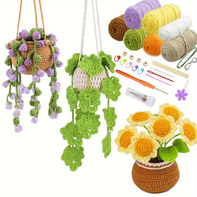 TEMU Crochet Kit For Beginners, 3pack Hanging Potted Plants, Sunflower Crochet Starter Kit With Easy To Follow Tutorials For Adults Birthday Gift, Home Decor
