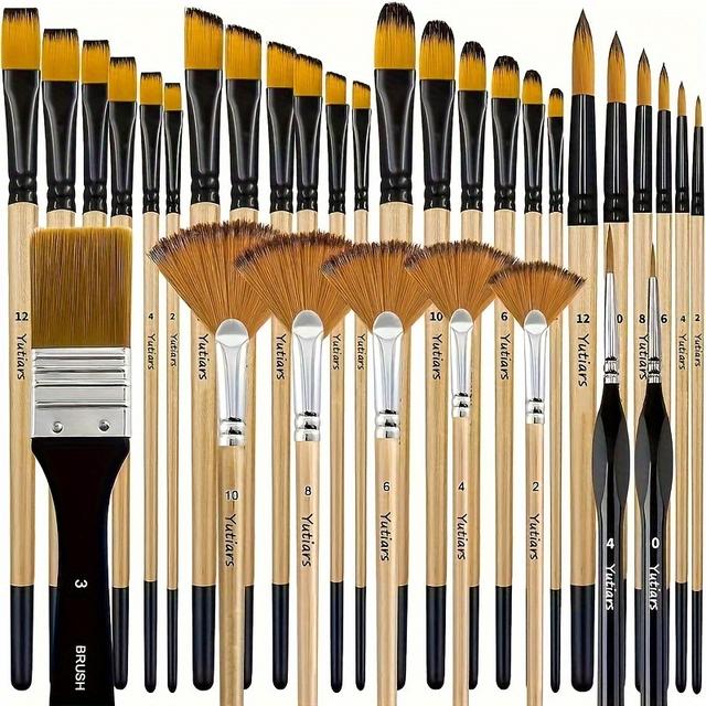 TEMU 32pcs Paint Brush Set, Artist Series, Nylon Bristles With Round, , Flat, Fan, Angle, Fine Detail Brush, Suitable For Artists And Beginners For Acrylic Painting, Oil, Watercolor