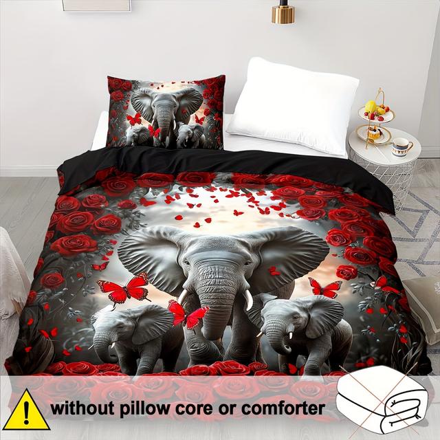 TEMU 2/3pcs Elephant Bedding Red Roses Duvet Cover Set Comforter Cover Bedroom Decor 2d Animal Flat Printing (includes 1 Duvet Cover + 1/2 Pillowcases )