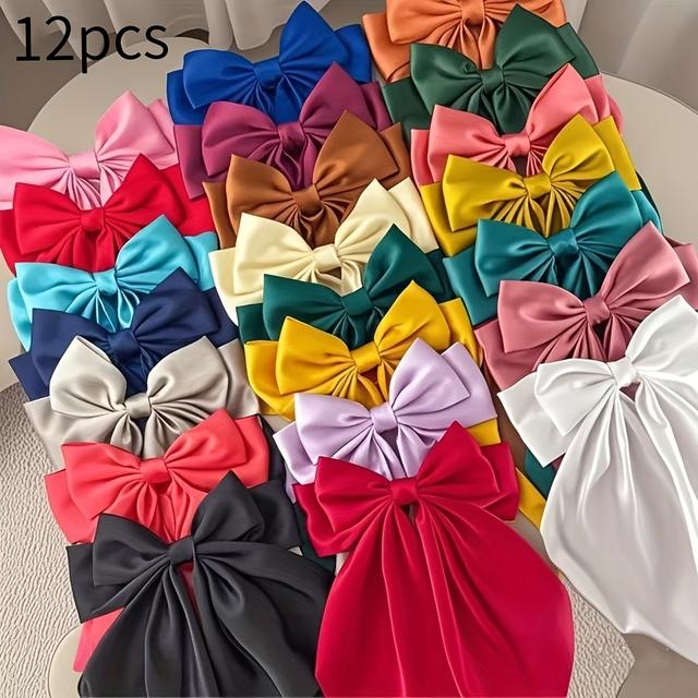 TEMU 12pcs Elegant Satin Bow Hair Clips Set, Mixed Color Ribbon Barrettes For Girls - Accessories Gift Pack, Cute Hair Clips