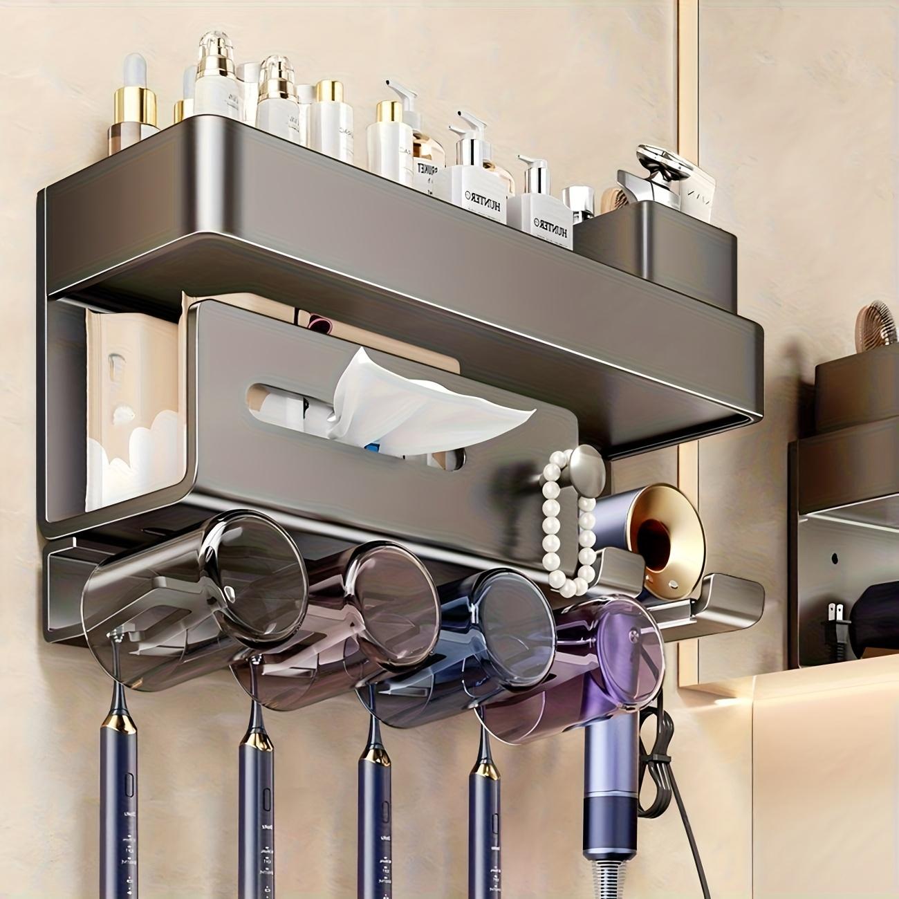 TEMU Toothbrush Organizer, Toothbrush Cup Stand, Bathroom Storage Shelf, Gunmetal Elegant Toothbrush Organizer - Wall-mounted Bathroom/no Drilling Required/hair Dryer Storage/ Drain/