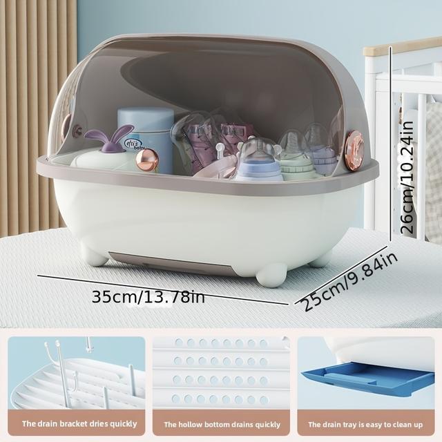 TEMU Essential Feeding Bottle Storage Box With Lid And Drainage Rack, Countertop Organizer For Baby Bottles, , Utensils, And Food Supplements | Transparent Storage Box | Removable Drain Tray