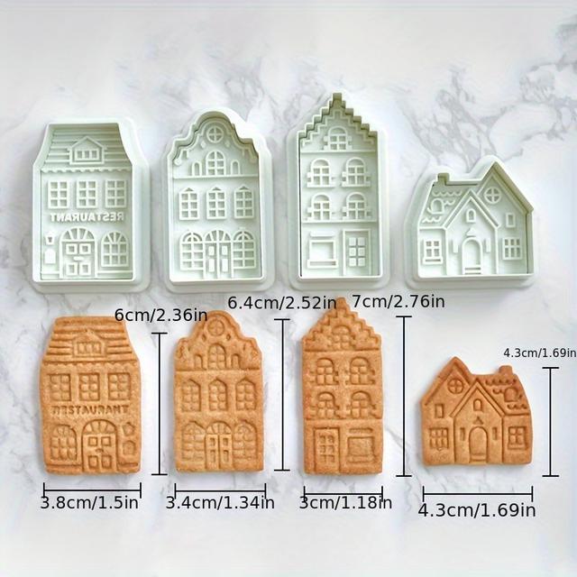 TEMU 4 قطع قوالب كوكيز بتصميم بيت الزنجبيل للكريسماس، أختام كيك، زينة كيك بالكريمة، أدوات خَبز، إكسسوارات مطبخ، أساسيات