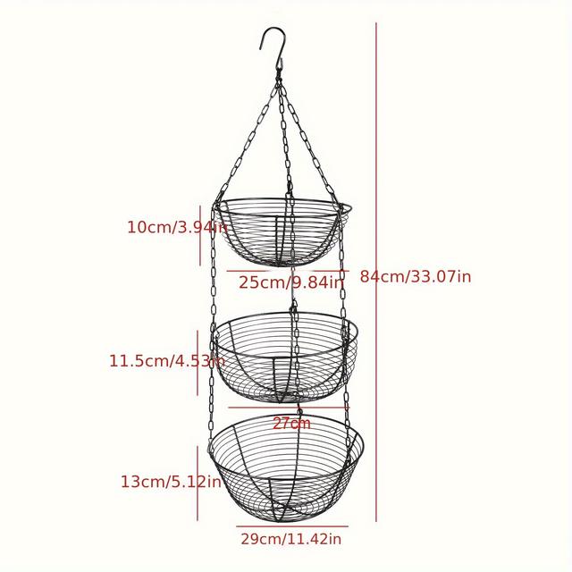 TEMU 3-stufiger Hängekorb Obstorganizer Küche Robustes Drahtorganizer mit 1 Metallhaken, Schwarz