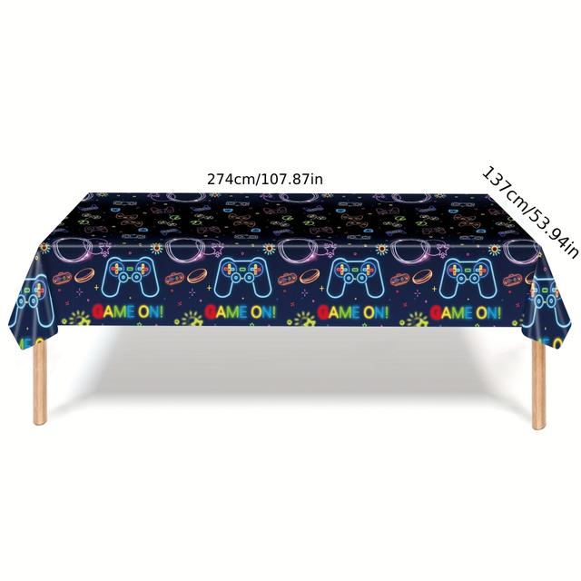 TEMU 1 szt. Obrus na stół na urodziny z motywem gier wideo, neonowy, plastikowy, wykonany maszynowo, z motywem gier, na urodziny, słodki deserowy