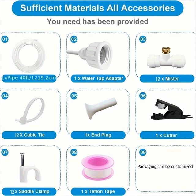 TEMU 1 Set, 40ft Misting Cooling System Fan Cooler Patio Garden Water Nozzles Air Cool Misting System For Garden