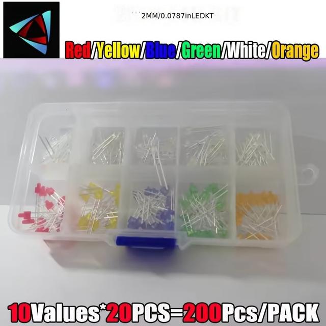 TEMU 2mm Led Light , 10 Types Each With 20pcs, Led Lamp Sample Box Red Yellow Blue Green White 20pcs Each