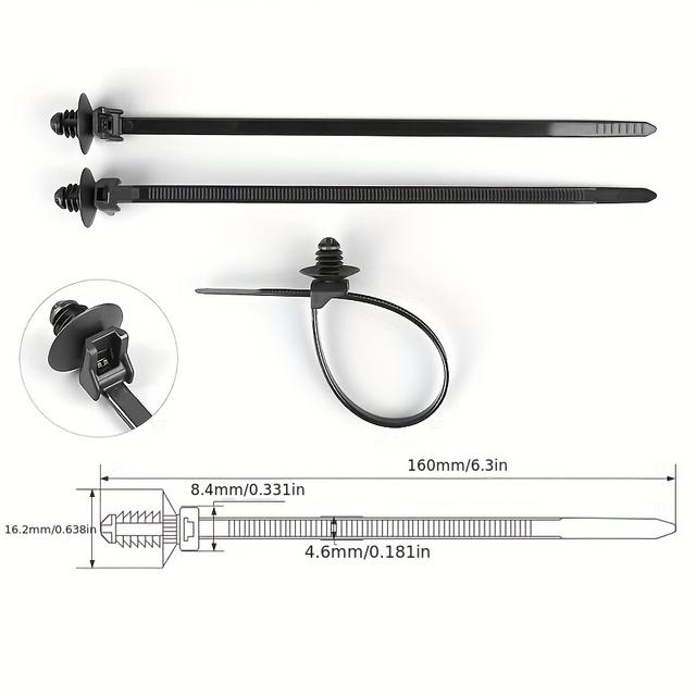 TEMU 100pcs Nylon 6.3" Car Mount Wire Ties - Push Mount Wrap Straps & Zip Fastener Cable Clips For Organized Cable Management In Auto, Electronics, And Construction