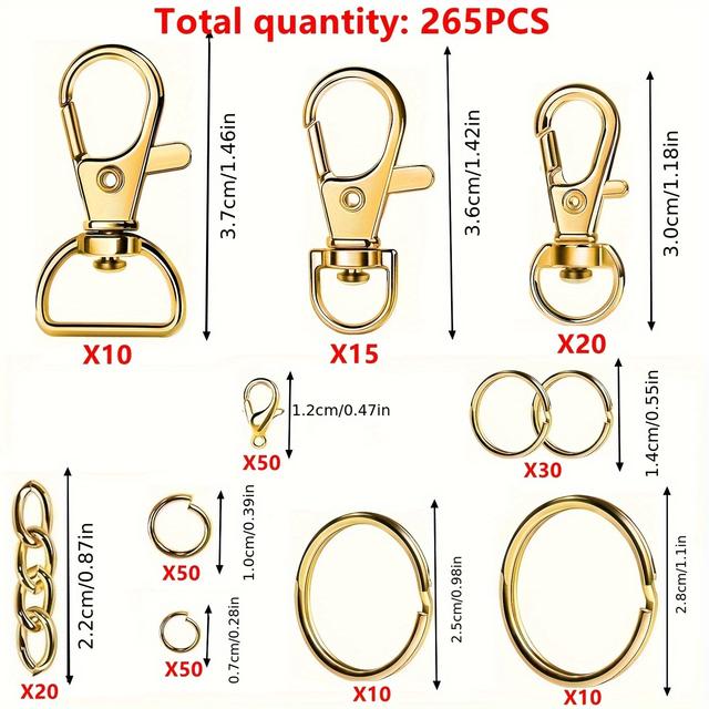 TEMU 265pcs Golden Keychain Making Kit Rotatable Metal Lobster Clasp Key Ring Jump Ring Extension Pendant Making Hardware Accessories
