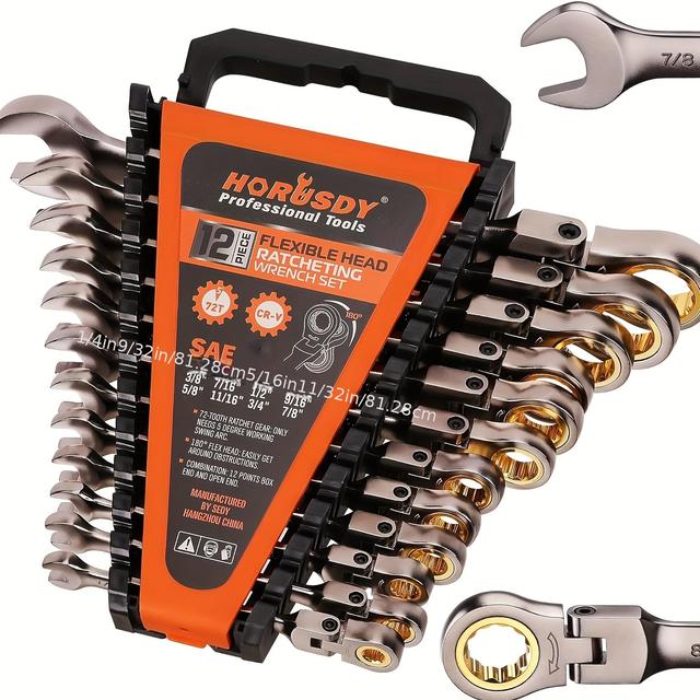 TEMU Horusdy 12pcs Sae Flex-head Ratcheting Wrench Set With Organizer | 1/4" To 7/8" Ratchet Combination Wrenches Set | 72-tooth | Chrome Vanadium Steel