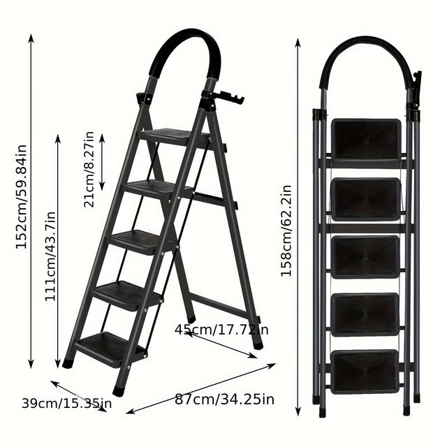 TEMU 5-Stufen Faltleiter mit Handlauf - Sicherheits-Hocker aus Kohlenstoffstahl, rutschfestes Design, flach faltbar (39 cm tief), 158 cm