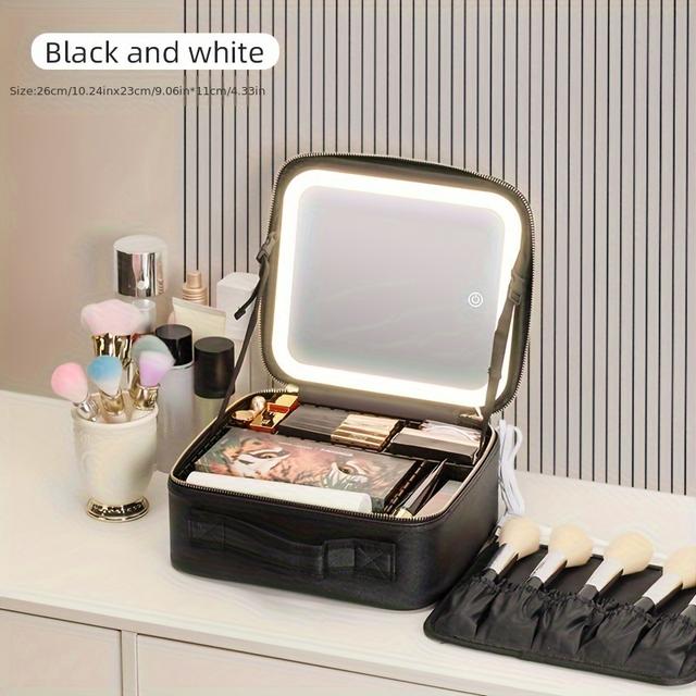 TEMU Trendy Divider Cosmetic Box With Light Up Mirror, Portable Toiletry Finishing Box With Adjustable Dividers, Perfect Travel Makeup Storage Case