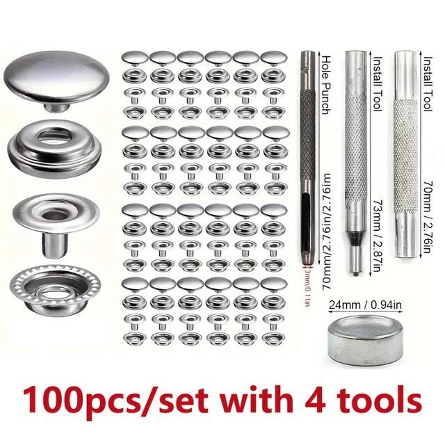 TEMU шт. Набір кнопок із нержавіючої сталі, 4-частинні заклепки для шкіряних виробів для DIY-виробів, полотна, джинсів, курток - набір кнопок сріблястого кольору різних розмірів