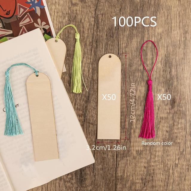 TEMU 100pcs Handmade Blank Wood Bookmark Kit With Tapefibre Fringe Painted Holiday Party Gifts Jewelry Crafts