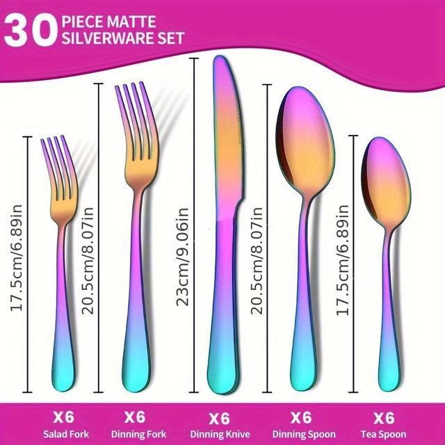 TEMU 30pcs Multicolored Stainless Steel Cutlery Set, High-end Knife, Fork, Spoon Set For Home & Restaurant, Dishwasher Safe Tableware