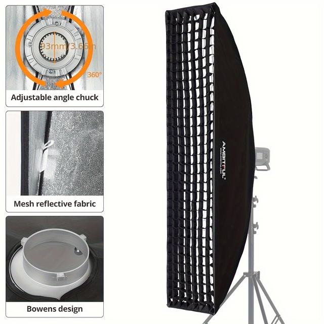 TEMU Ambitful Professional Rectangle Softbox With Honeycomb Grid, Bowens Mount – 35x160cm, Film-grade Soft Light Cloth, Adjustable Angle Chuck – Studio Photography Flash Light Soft Box