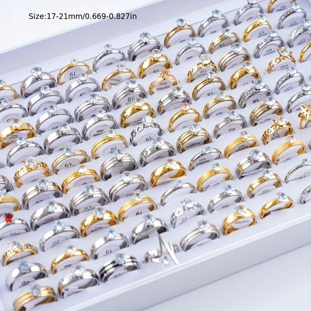 TEMU 10pcs/batch Of Trendy Colorful Rhinestone Stainless Steel Rings For Men And Women, Suitable For Engagement And Wedding Gifts, Excluding The Box.
