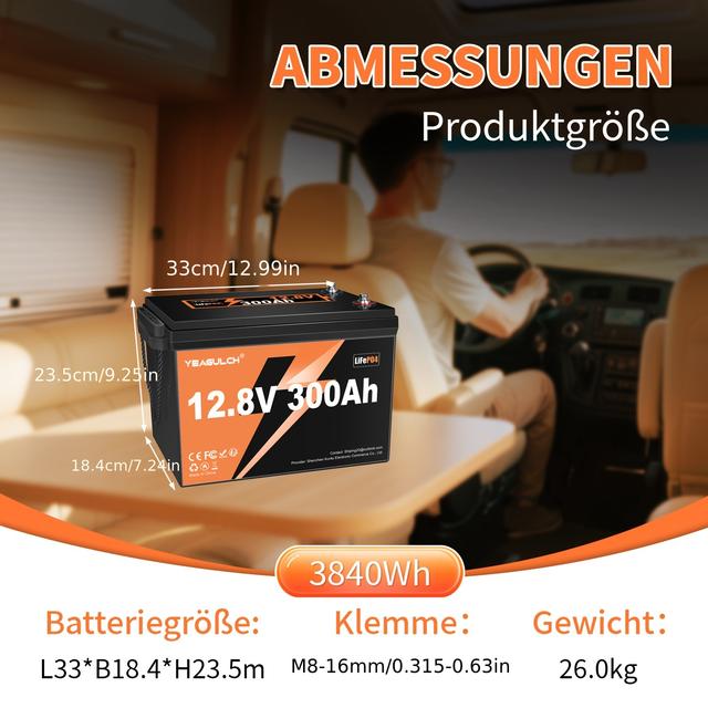 TEMU 12V 300Ah LiFePO4 Lithium-Batterie, 10000+ Tiefentladungsbereich, Wiederaufladbarer Akku mit integriertem BMS, 3840Wh, Ideal für Wohnmobil, Boot, Solaranlagen, Angelschwinde und Camping