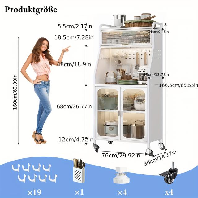 TEMU Kitchen Storage Cabinet With Wheels, Living Room Bookcase Cabinet, White Kitchen Bread Rack, Suitable For Dining Room , 94.8 X 49.2 X 41.2cm