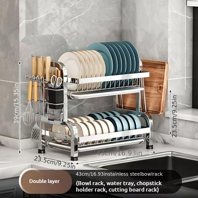 TEMU A Metal Or Stainless Steel Kitchen Storage Rack - A Multifunctional Cutlery Holder With A Drainage System For Utensils, Bowls, And Dishes