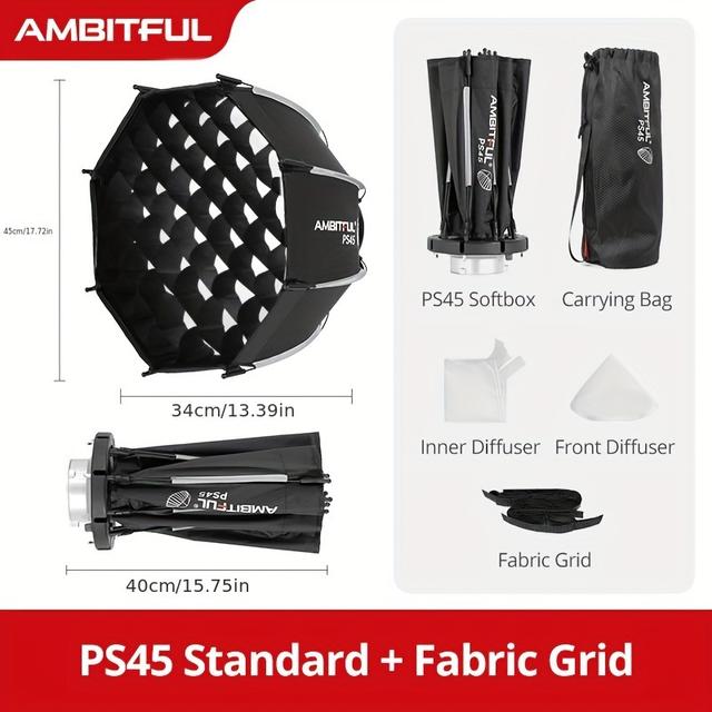 TEMU Ambitful Ps45 45cm Quick-setup Portable Softbox - Mini Octagonal Bowens Mount With Honeycomb Grid For Led Flash Lights, Black & , Includes Carrying Bag & Accessories