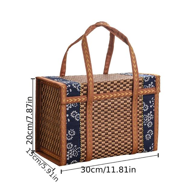 TEMU 1pc Faridabio Vintage Bamboo Woven Basket With Lid - Stackable & Foldable Retro Woven Box Suitable For Home Organization, Decorative Storage Bin, Basket For, Blankets, Pantry & Travel - Bamboo