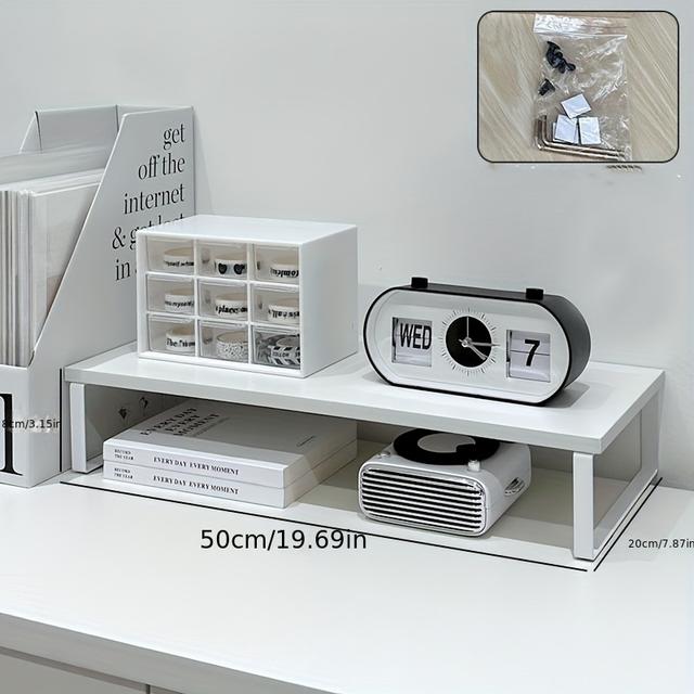 TEMU 1pc White Wooden Monitor Stand With Storage, 19.6/11.8 Inch Laptop Desk Organizer, Painted Rectangle Computer Stand For Use, Desktop Booster With Compartments