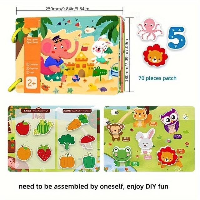 TEMU Interactive Family Activity Book For 3+ Years - Colorful Educational Puzzle Toy With Diy Stickers, Enhances Cognitive, Thinking, Features Animal Recognition & Alphabet Learning