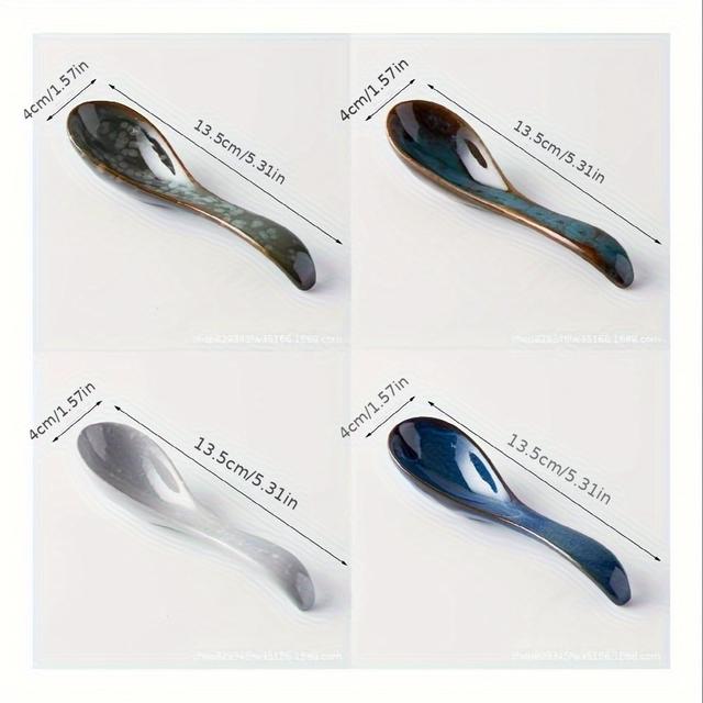 TEMU 4pcs/6pcs Ceramic Asian Soup Spoon Set - Kiln-, 5.3-inch Chinese And Ladles For Noodles, Pho, , And Wonton Dishes, Dishwasher Safe