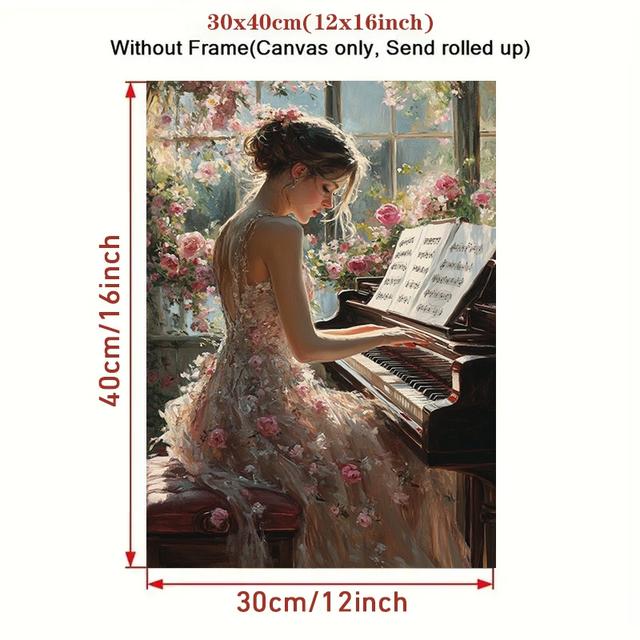 TEMU 額縁なしキャンバー1枚、トなドレスを着た美しい女性がピアノを弾く絵画、リビン、キッチン、装飾壁アート壁装飾、レーション、、部屋の装飾、部屋の装飾に最適なギフト、フレームレス