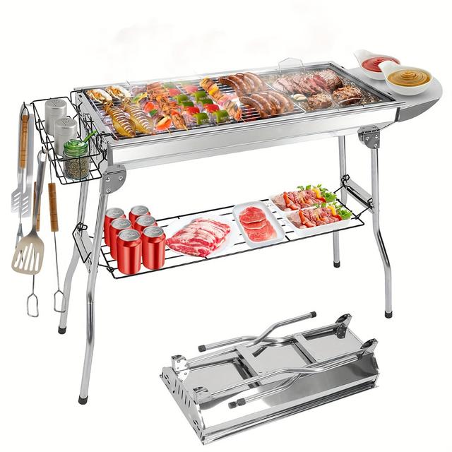 TEMU Bbq Grill, Stainless Steel Barbecue Grill With Stand, Foldable And Portable Outdoor Charcoal Barbecue Grill Suitable For Outdoor Camping, Travel, Park, Beach Outdoor