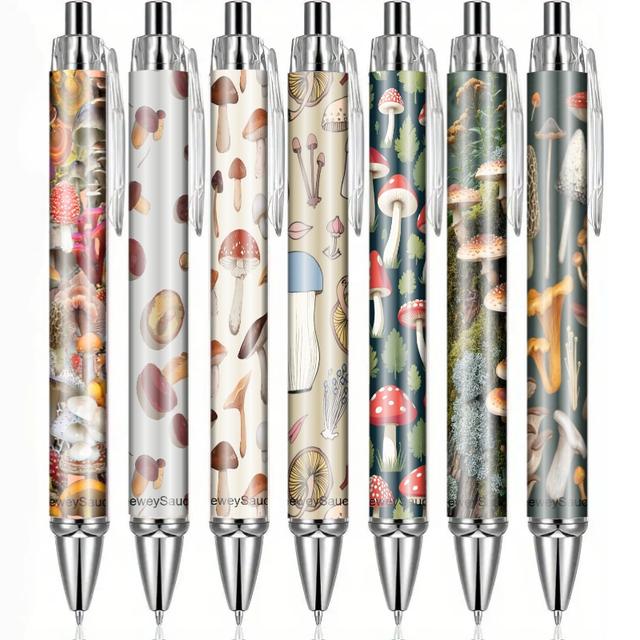 TEMU 7pcs Fashion Mushroom Pattern Ballpoint Pen Set, Cute Plant Design Retractable Writing Pens For Men And Women Holiday Birthday Gift