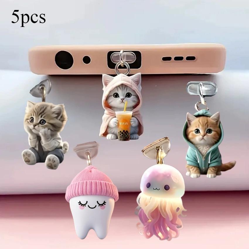 TEMU Set Of 5 Type-c And Interface Dust Plugs For Mobile Phones - Unique Additions Featuring A Cat Charm, Designed For Charging Ports And Headphone Jacks, Made From Acrylic In A 2d Flat Design