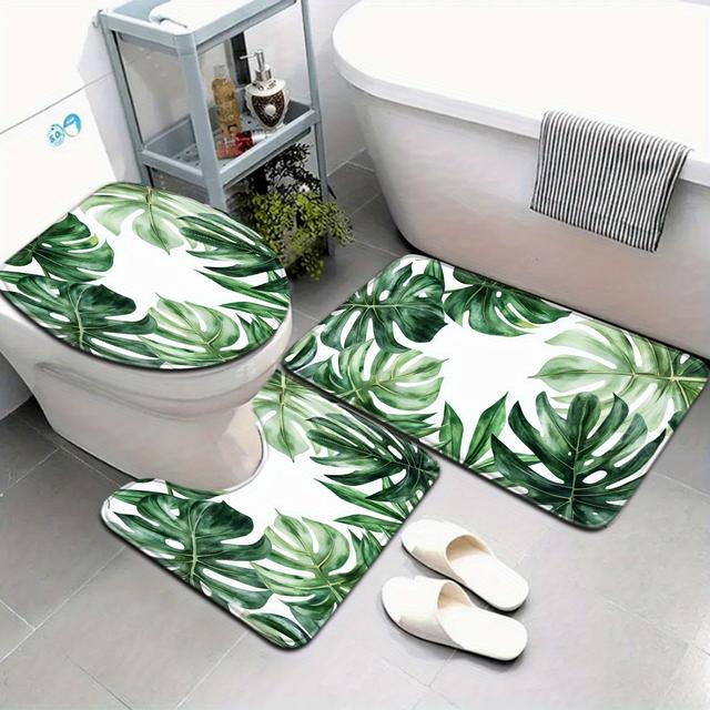 TEMU 3pcs/4pcs Series Green Monstera Pattern Bathroom Mat Set With Toilet Seat Cover And U-shaped Foot Mat